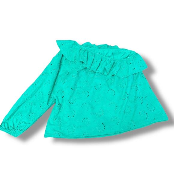 177. ENTRO | Eyelet One Sleeve Green Ruffle Blouse Size Large - Picture 2 of 7